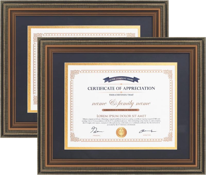 Photo 1 of 11x14 Graduation Frames Certificate Document Frame with Tempered Glass Wood Grain Color Diploma Frames 8.5x11 with Black Mat for Wall and Tabletop Brown 2 Pack