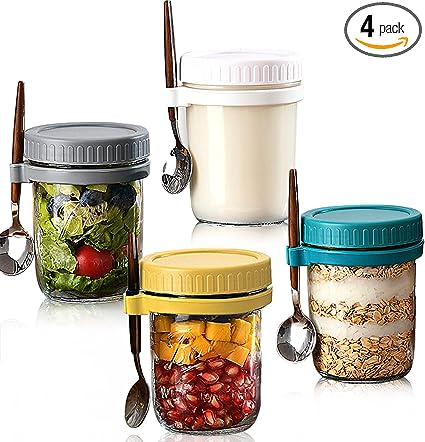 Photo 1 of 4 Pack Overnight Oats Containers with Lids and Spoons and 4pcs Mason canning lids, 12 oz Wide Mouth Glass Mason Overnight Oats Jars, Portable Large Capacity Airtight Jars for Milk, Cereal, Fruit