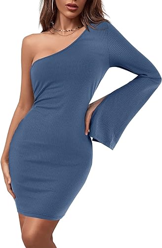 Photo 1 of  Women's One Shoulder Long Sleeve Bodycon Dresses Ribbed Party Club Mini Dress SIZE M