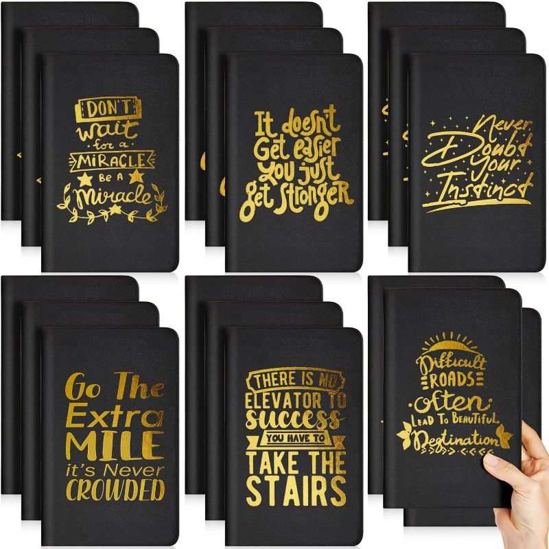 Photo 1 of 18 Pack A5 Inspirational PU Hardcover Notebook Back to School 5.5 x 8.21 Motivational Lined Writing Journal Notebooks 160 Pages 100GSM Thick Ruled Notepad for School Office Writing (Black, Gold)