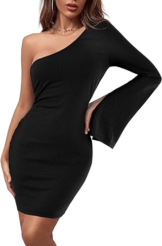 Photo 1 of  Women's One Shoulder Long Sleeve Bodycon Dresses Ribbed Party Club Mini Dress SIZE SMALL
