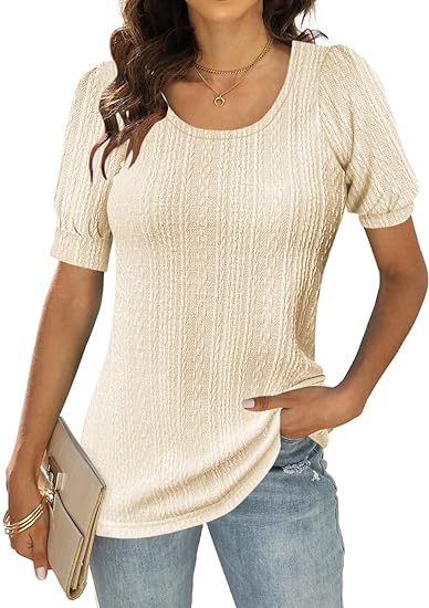 Photo 1 of  Women Round Neck Short Puff Sleeve T-Shirt Summer Casual Tunic Tops SIZE LARGE