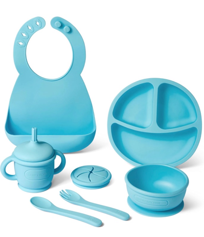 Photo 1 of Daily Kitchen Baby Feeding Supplies 8 Piece Set – Toddler Plates and Bowls Set Silicone Baby Feeding Set for Weaning – Baby Eating Supplies Include Bib, Spoon, Fork, Silicone Cup with Straw