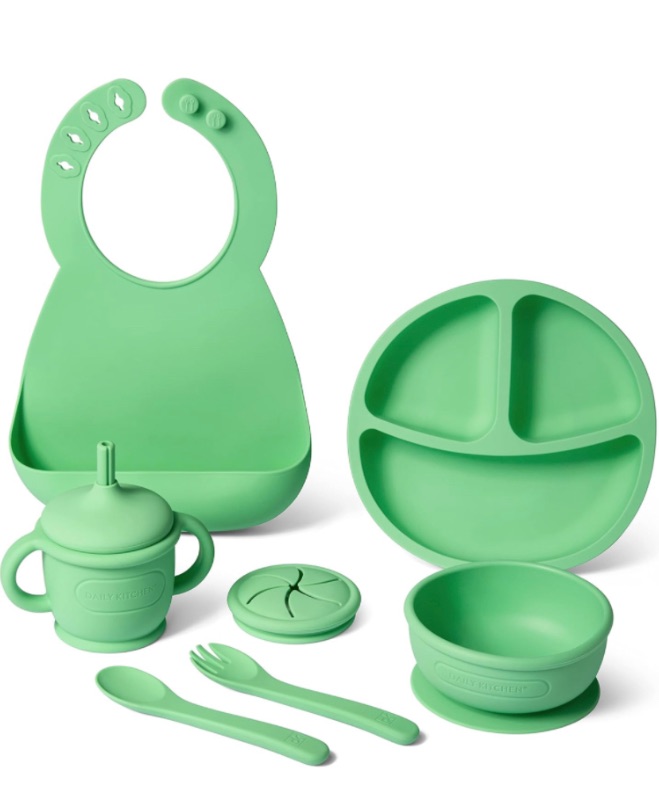 Photo 1 of Daily Kitchen Baby Feeding Supplies 8 Piece Set – Toddler Plates and Bowls Set Silicone Baby Feeding Set for Weaning – Baby Eating Supplies Include Bib, Spoon, Fork, Silicone Cup with Straw