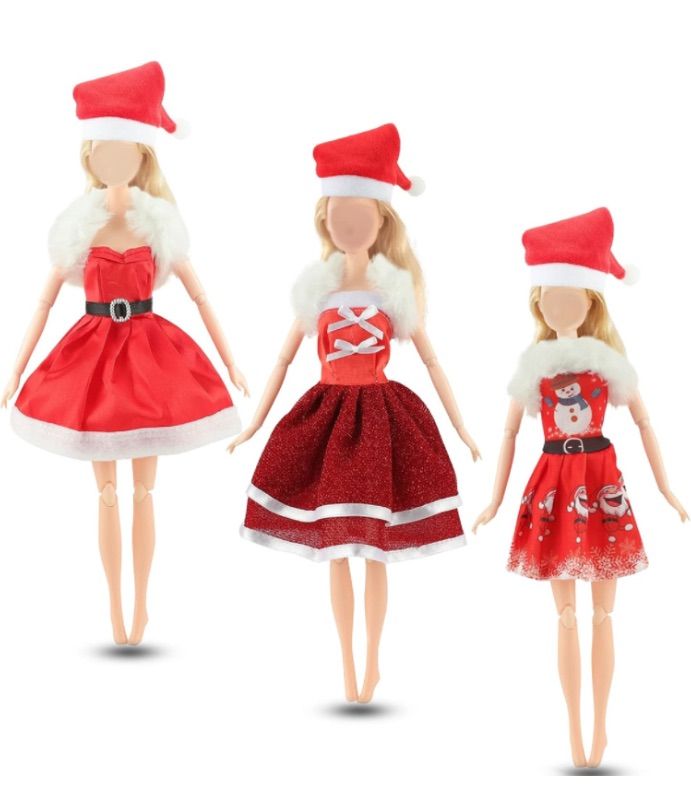 Photo 1 of Avando Doll Clothes and Accessories for 11.5 inch Dolls Christmas Clothing Set Fashion Dresses Hats, Fluffy Scarf, 3 PCS Winter Mini Dress for Girl Doll Playset Dolls Outfits Costume