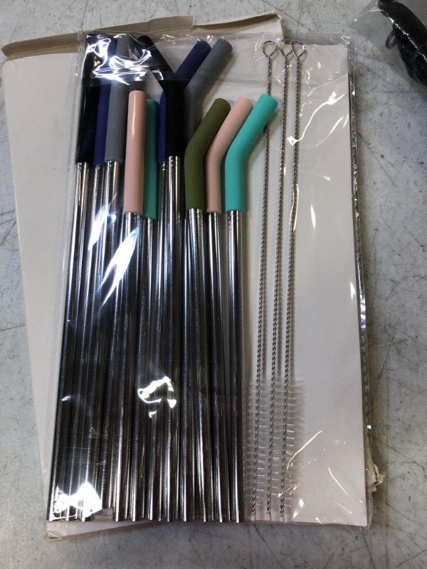 Photo 2 of 12-Pcs Reusable Metal Straws with Silicone Tips, Stainless Steel Drinking Straws with 3 Cleaning Brushes & 1 Portable Bag- Perfect for 30 oz and 20 oz Tumblers