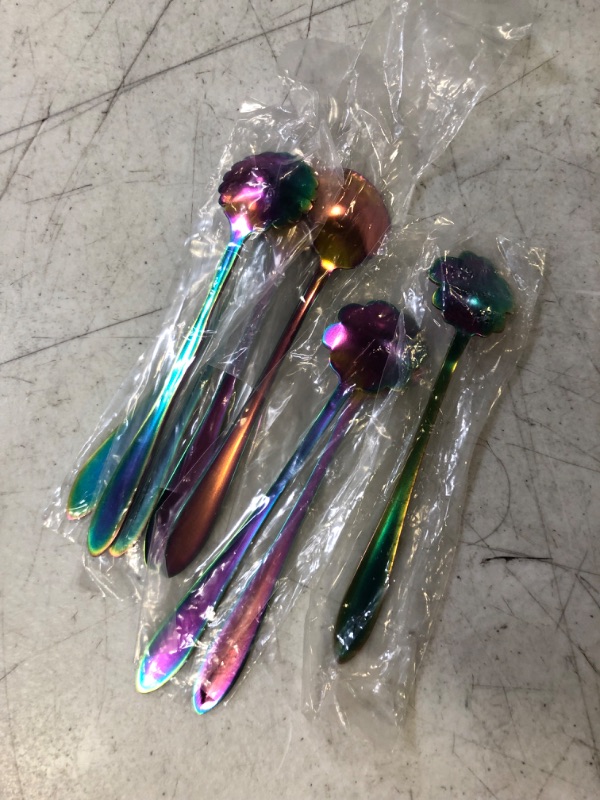 Photo 2 of 8 Pieces Flower Spoon Coffee Teaspoon Set Stainless Steel Tableware Creative Sugar Spoon Tea Spoon Stir Bar Spoon Stirring Spoon, 8 Different Patterns (Rainbow Color)