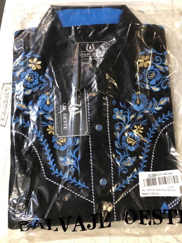 Photo 2 of SALVAJE OESTE Western Embroidered Cowboy Shirts for Men, Casual Button Down Long Sleeve Shirt Floral Design Retro Shirt XX-Large Black-royal Blue