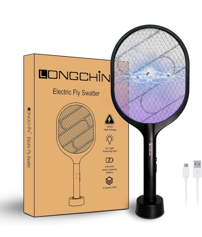 Photo 1 of LONGCHIN Bug Zapper Racket USB Rechargeable Electric Fly Swatter with Blue Light Attractant for Home & Outdoor, 3000 Volt, Large Size (Black)