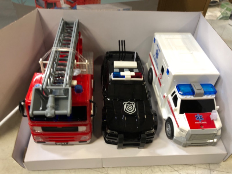 Photo 2 of Friction Powered City Hero Play Set Including Fire Engine Truck, Ambulance, Police Car for Kids, Boys and Girls - 3-Pack Emergency Vehicles with Light and Sound