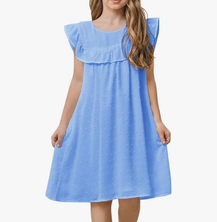 Photo 1 of Girls Swiss Dot Lined Midi Dresses Ruffle Trim Keyhole Back Solid Loose Fit Casual Dress Small
