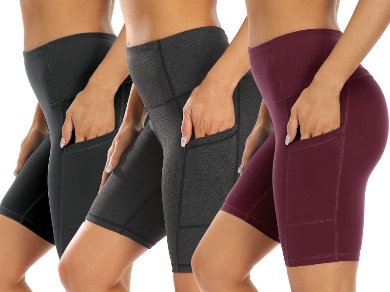 Photo 1 of 3 Pack High Waist Out Pocket Yoga Short 8"/5" Tummy Control Workout Shorts Running Athletic Non See-Through Active Shorts Medium 8"-3 Pack Black/Dark Grey/Wine Red