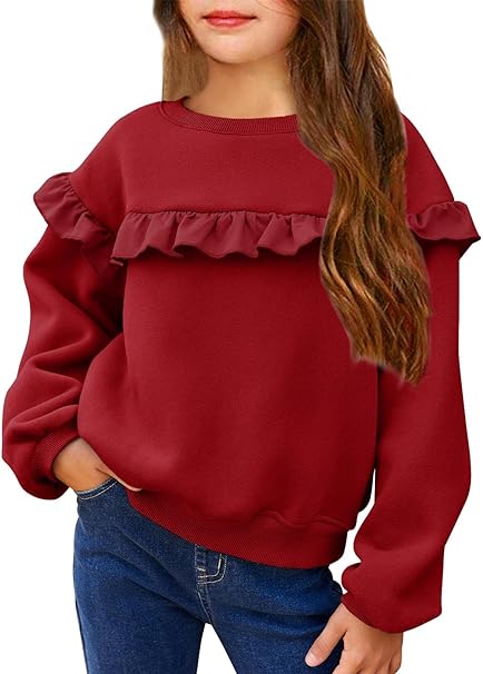 Photo 1 of Girls Casual Crewneck Sweatshirts Ruffles Trim Long Sleeve Cute Solid Color Pullover RED 5-14 YRS 
