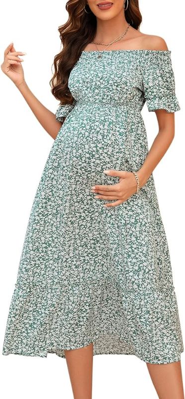 Photo 1 of FUNJULY Maternity Dress Women's Floral Off Shoulder Smocked Ruffle Short Sleeve A Line Flowy Maxi Dress for Baby Shower M
