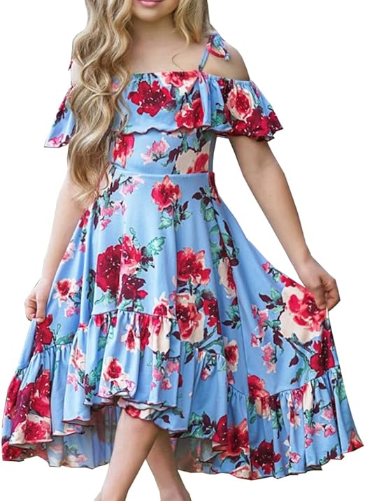 Photo 1 of Bigeoosh Fashion Girls Dress Cold Shoulder Flowers Asymmetrical Ruffled Hem Princess Dress for Kids 3-12 Years
