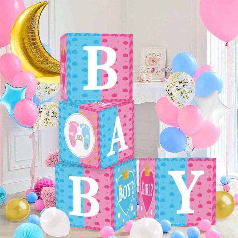 Photo 1 of Gender Reveal Decorations 4pcs Baby Box for Baby Shower Gender Reveal Girl Boy Blocks Birthday Party supplies

