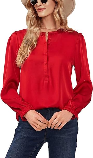 Photo 1 of Bigeoosh Women's Satin Blouse Long Sleeve Split Round Neck Button Front Casual Work Office Blouse Top S
