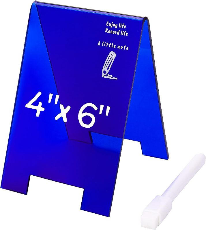 Photo 1 of Small Dry Erase Board, Acrylic Dry Erase Board with Stand, Acrylic Desk Accessories to Do List White Board with Stands for Calendar, Table Numbers, Menu Board Price Display 4 x 6 inch (Blue)
