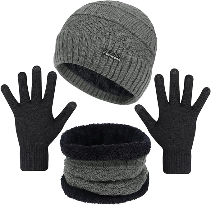 Photo 1 of 3-Pieces Winter Beanie Hats, Scarf and Touch Screen Gloves Set for Men and Women, Warm Knit Cap Set
