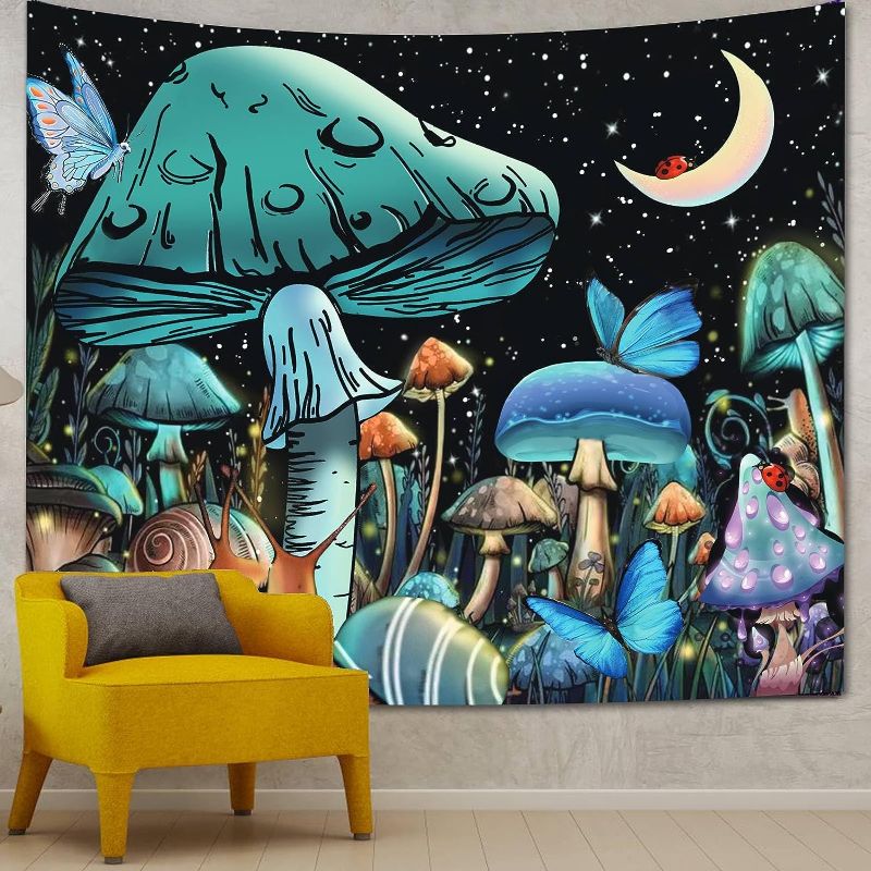 Photo 1 of Apdidl Mushroom Tapestry for Bedroom Aesthetic Nature Plant Forest Snails Moon and Stars Blue Butterfly Tapestries Night Sky Tapestry Wall Hanging Decor for Dorm Living Room (60" W×51" L)
