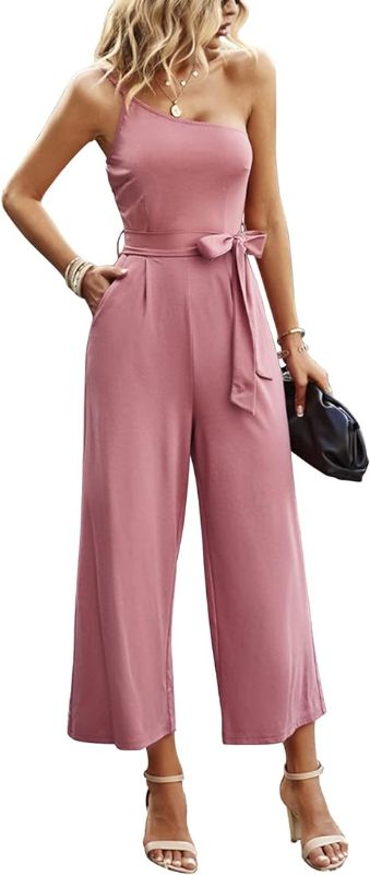 Photo 1 of Wyeysyt Women's One Shoulder Jumpsuits Summer Casual Strap High Waist Jumpsuit Wide Leg Romper with Pockets -- Size Medium