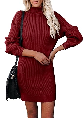 Photo 1 of XUBA Women's Turtleneck Short Sweater Dress Chunky Knit Ribbed Fall Winter Pullover Sweaters Wine Red -- Size Large 
