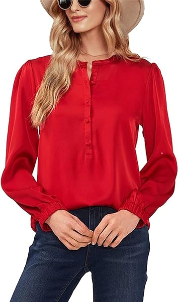 Photo 1 of Bigeoosh Women's Satin Blouse Long Sleeve Split Round Neck Button Front Casual Work Office Blouse Top -- Size Small
