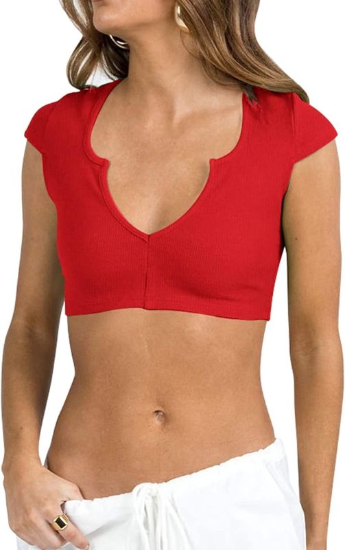 Photo 1 of Antopmen Women Split Neckline Sleeveless Crop Top Ribbed Knitted Casual Basic T Shirt Vest Tanks Top -- Size Large 
