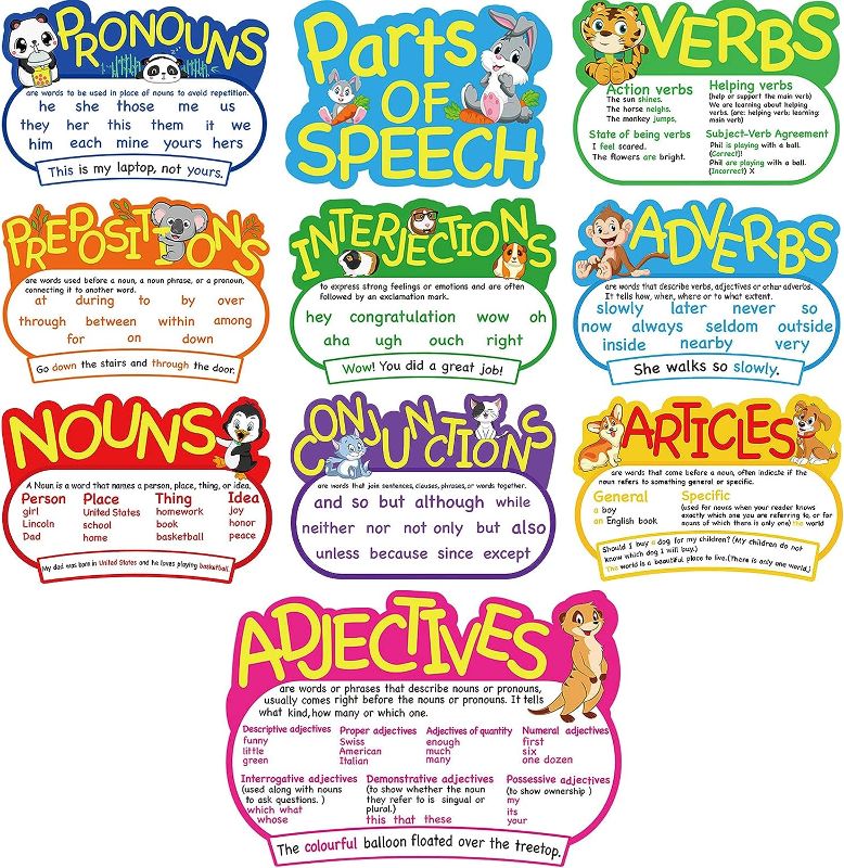 Photo 1 of 10 Pieces Parts of Speech Poster Grammar Poster Educational Grammar Cutouts Bulletin Board Set for Student Classroom School, 16.5 x 11.5 Inches
