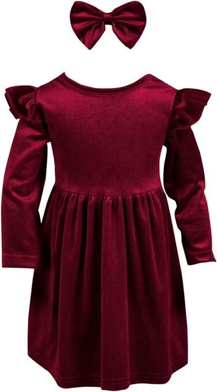 Photo 1 of AIKEIDY Baby Girls Velvet Maxi Dress Knee Lenght Long Sleeve Solid Toddler Ruffle Dress for Christmas Party Wedding Holiday 9-12M
