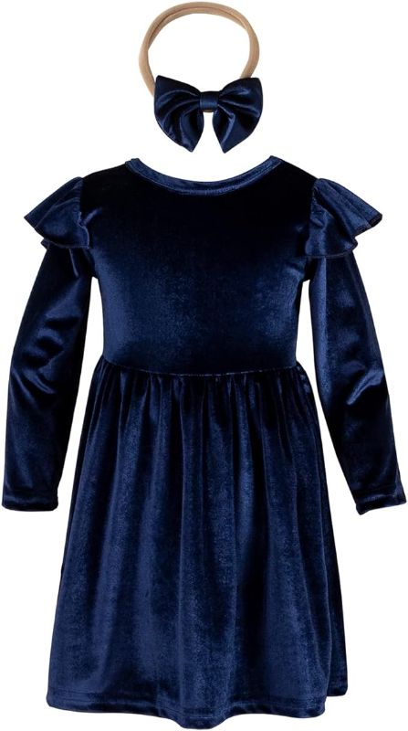 Photo 1 of AIKEIDY Baby Girls Velvet Maxi Dress Knee Lenght Long Sleeve Solid Toddler Ruffle Dress for Christmas Party Wedding Holiday 9-12M
