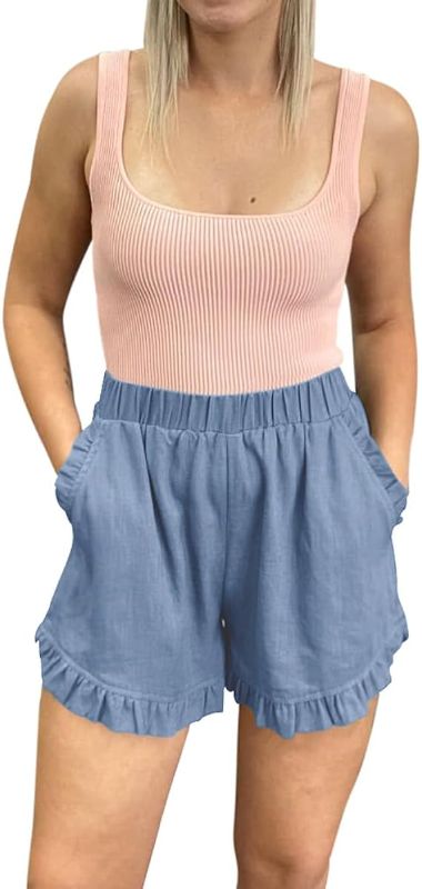 Photo 1 of Lafural Summer Baggy Dressy Ruffle Shorts Women Elastic Waist Beach Short Pocket Trendy BEIGE XS
