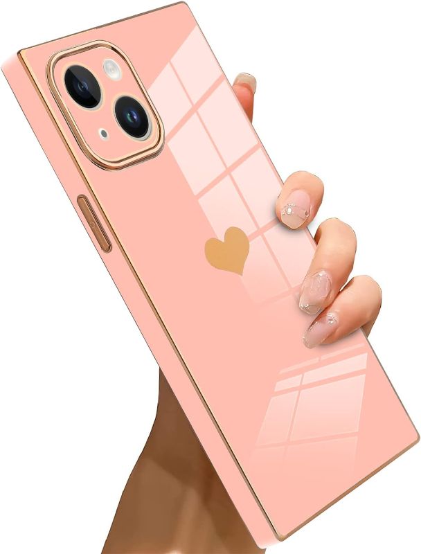 Photo 1 of Bonoma Square Case Compatible with iPhone 14 Plus Case Love Heart Plating Luxury Elegant Case Soft Nice Shockproof Protective Corner Back Cover iPhone 14 Plus Case -Pink
