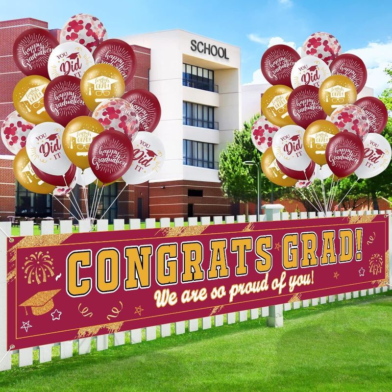 Photo 1 of 36Pcs Graduation Banner 2023, Graduation Decorations Class of 2023 Congrats Grad Banner with Graduation Balloons, Graduation Backdrop 2023 for High School College Graduation Party Decorations 2023
