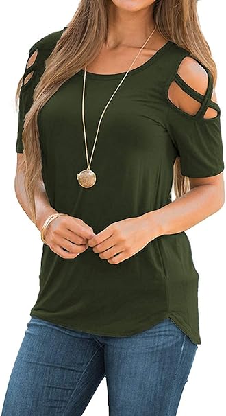 Photo 1 of  iGENJUN Womens Strappy Cold Shoulder Tops Casual Tees Loose Basic T Shirts -- Size Small