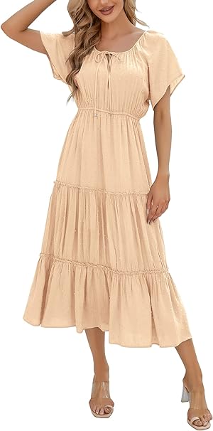 Photo 1 of Escalier Womens Summer Self Tie Square Neck Boho Midi Dress Swiss Dot Flutter Sleeve Flowy Tiered Dresses Apricot -- Size Small