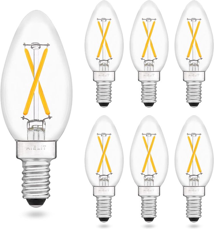 Photo 1 of AIELIT E12 Candelabra LED Bulb 25W Equivalent, Warm White 2700K, Dimmable LED Light Bulbs, 200 Lumens, Clear Glass, 2W B11/B10/C35 Edison Filament Bulb for Pendant Lamp, 6-Pack
