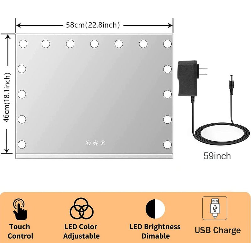 Photo 4 of (READ NOTES) Kottova Vanity Mirror with Lights,Makeup Mirror with Lights, Hollywood Lighted Mirror with 15 Dimmable LED Bulbs,3 Colors Modes,Touch Control,DUSB Charging Port,Metal Frame,White Large