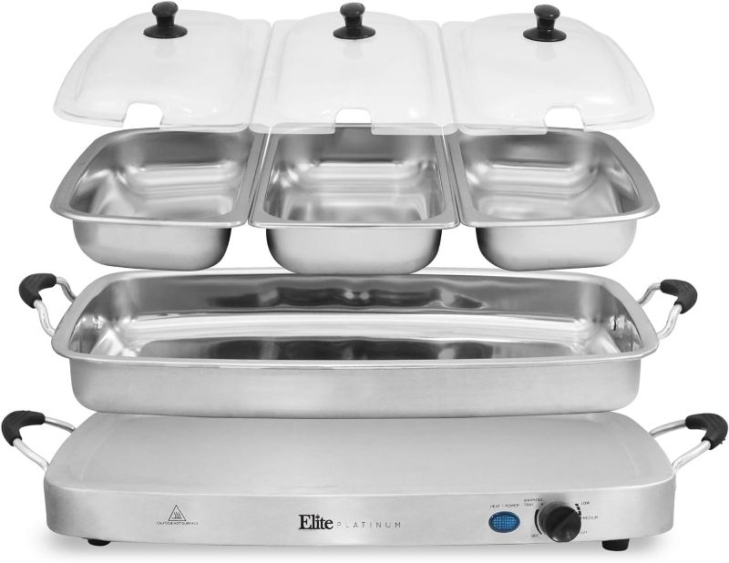 Photo 3 of (READ NOTES) Elite Platinum EWM-9933 Deluxe Triple Buffet Server Food Warmer Party Tray, Oven-Safe Pan, Gravy & Holiday Essentials, 3 x 2.5Qt, Stainless Steel 7.5 Quart / 4 Trays