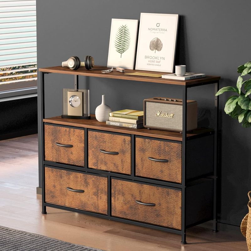 Photo 3 of (READ NOTES) Dresser TV Stand, Entertainment Center with 5 Fabric Drawers, Media Console Table for TV with Open Storage Shelf Dresser for Bedroom/Living Room/Hallway Brown