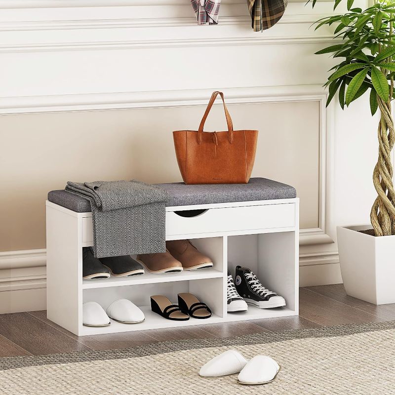 Photo 3 of (READ NOTES) WelFurGeer Shoe Bench with Padded Cushion, Shoe Storage Bench Entryway with Storage, Shoe Shelf with Flip-Open Storage Box, Shoe Rack with Hidden Compartment, for Entryway, Hallway, White + Gray Flip-Open Storage White+grey