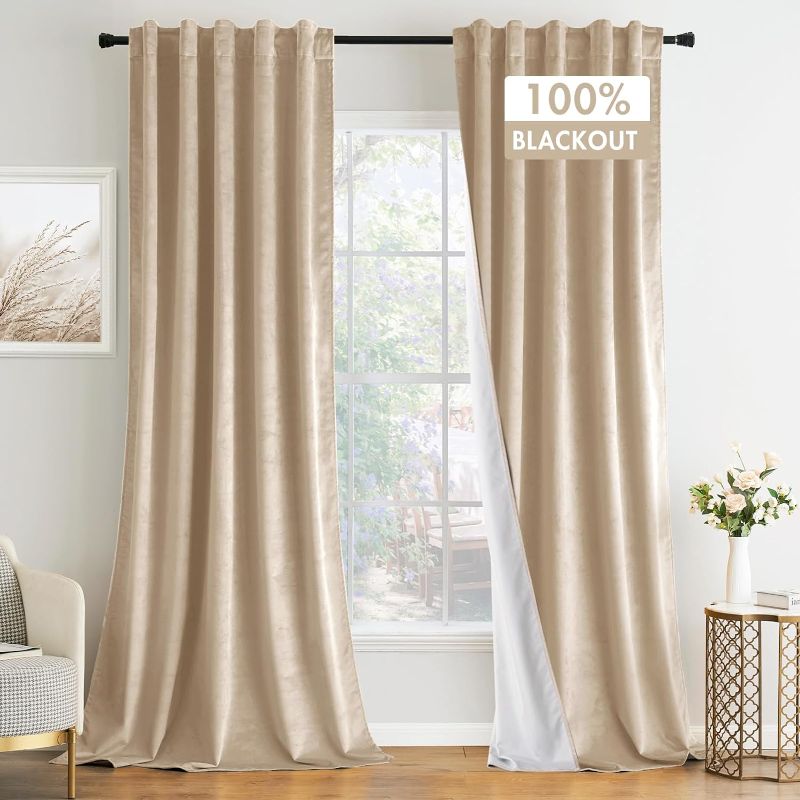 Photo 1 of (READ NOTES) MIULEE 100% Blackout Velvet Curtains 90 Inches Long 2 Panels, Beige Black Out Window Drapes for Bedroom Living Room Back Tab Rod Pocket Full Room Darkening Thermal Insulated Noise Reducing Curtains
