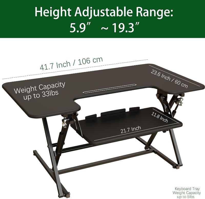 Photo 2 of (READ NOTES) Lubvlook Standing Desk Converter, 42 x 24 Inches Height Adjustable Sit Stand Desk Riser for Dual Monitors with Keyboard Tray, Black Black 42" x 24" with Keyboard Tray