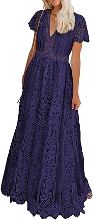 Photo 1 of BLENCOT Womens Casual Boho Floral Lace V Neck Long Evening Dress SIZE Large Purple