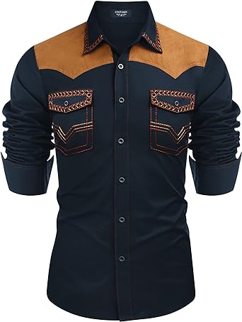 Photo 1 of COOFANDY Men's Western Cowboy Shirt Embroidered Long Sleeve Slim Fit Casual Cotton Button Down Hippie Shirts with Pockets -Large