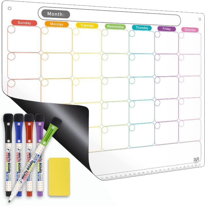 Photo 1 of Dry Erase Calendar Kit- Magnetic Calendar for Refrigerator - Monthly Fridge Calendar Whiteboard with Extra-Thick Magnet Included Fine Point Marker & Eraser & Holes for Wall Hanging 1 Monthly