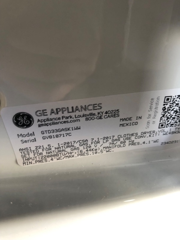 Photo 1 of **USED, LIKE NEW CONDITION, UNABLE TO TEST**GE® 7.2 cu. ft. Capacity aluminized alloy drum Gas Dryer