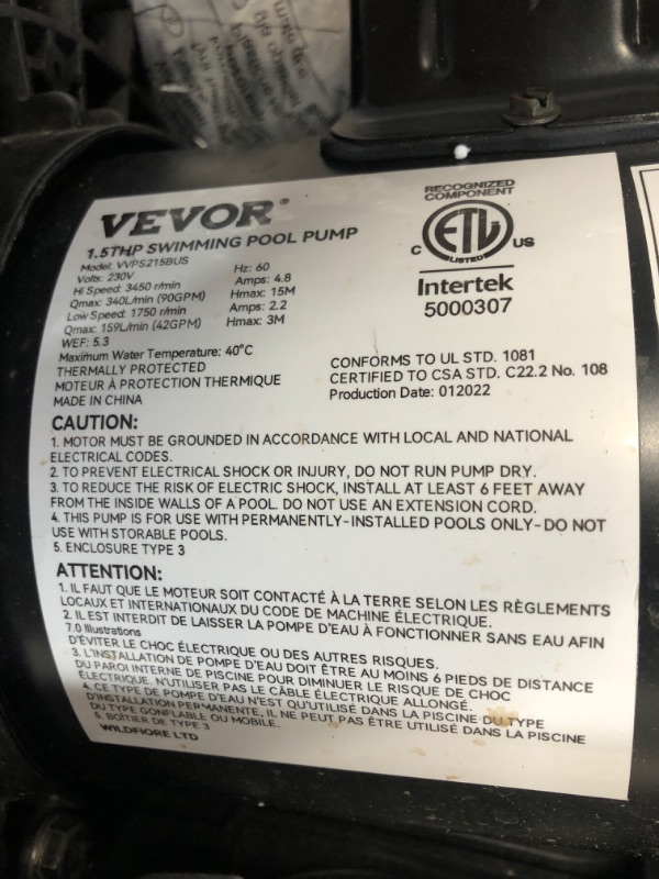 Photo 6 of ***USED, DIRTY**VEVOR 230V 1.5HP Pool Pump, Dual Speed Pool Pump 5400GPH, 1100W 