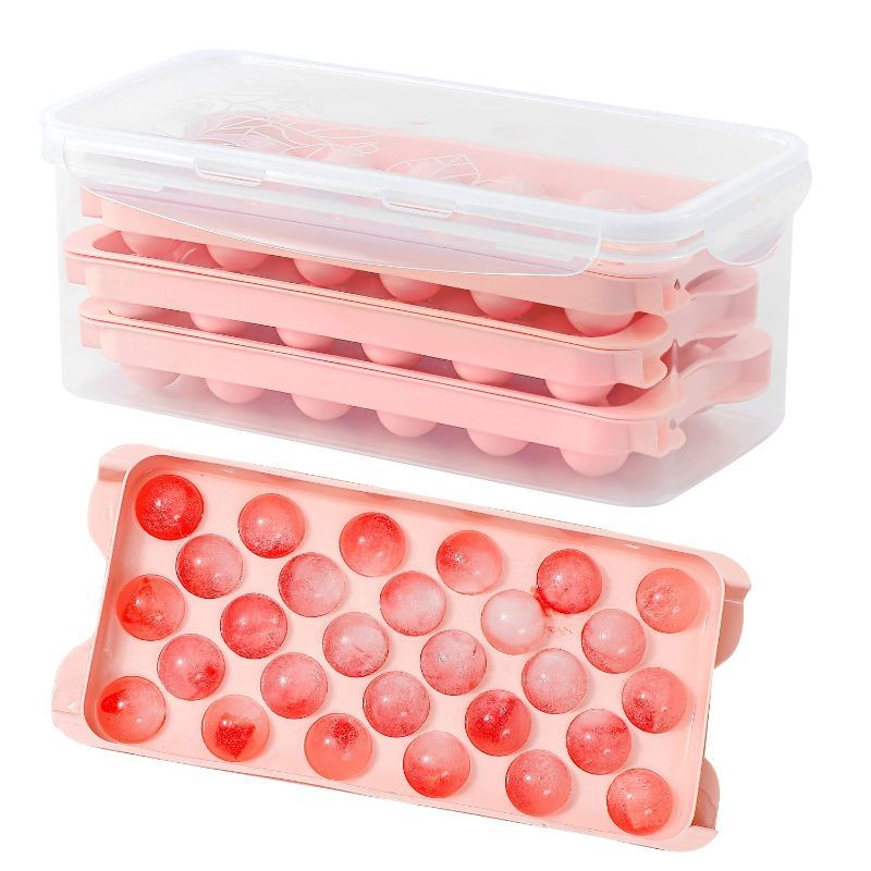 Photo 1 of *NONREFUNDABLE*  Fiewmay Round Ice Cube Tray Storage Bin and Lid, 3 PIECE (Pink) 2PK