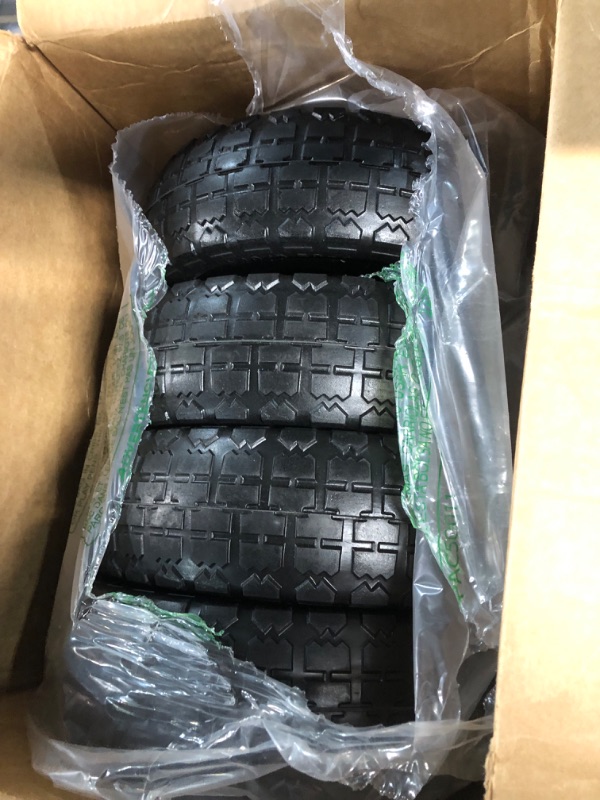 Photo 2 of 10" Flat Free Tires Solid Rubber Tyre Wheels?4.10/3.50-4 Air Less Tires Wheels with 5/8" Center Bearings?for Hand Truck/Trolley/Garden Utility Wagon Cart/Lawn Mower/Wheelbarrow/Generator?4 Pack, Black 12.4 Pounds Black